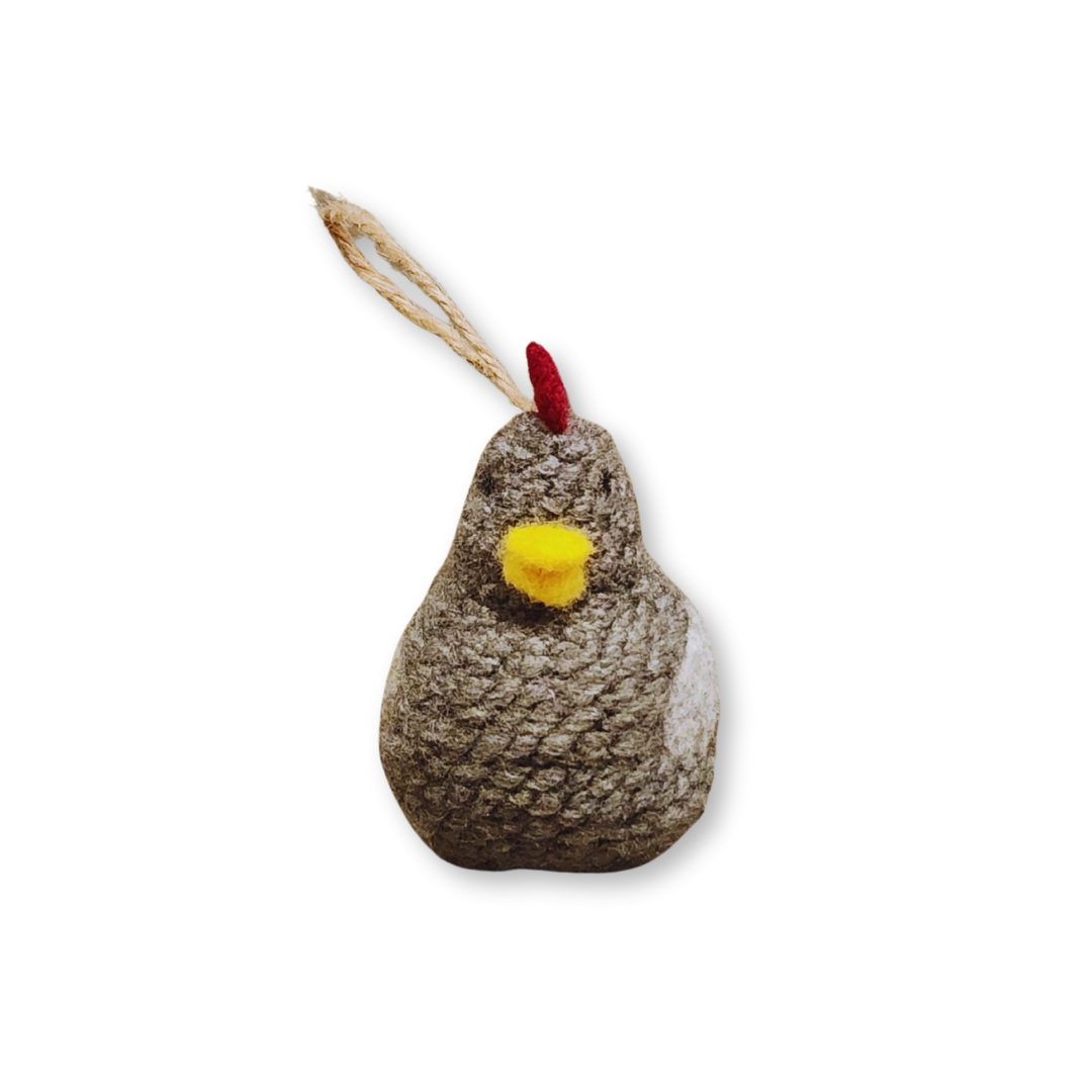 A front view of the Grey chicken bobble ornament, showing the textured dark grey body and the simple red felt comb.
