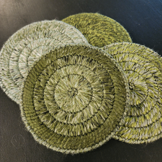 Handmade Bargello Circle Coaster Set – Cork-Backed Fiber Art Coasters