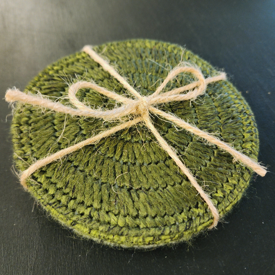 Handmade Bargello Circle Coaster Set – Cork-Backed Fiber Art Coasters