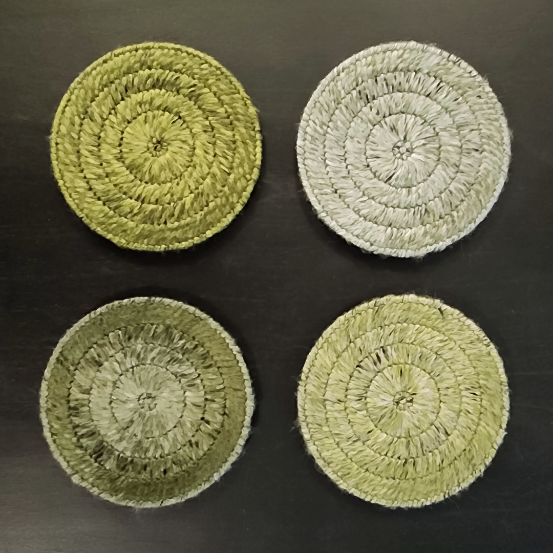 Handmade Bargello Circle Coaster Set – Cork-Backed Fiber Art Coasters