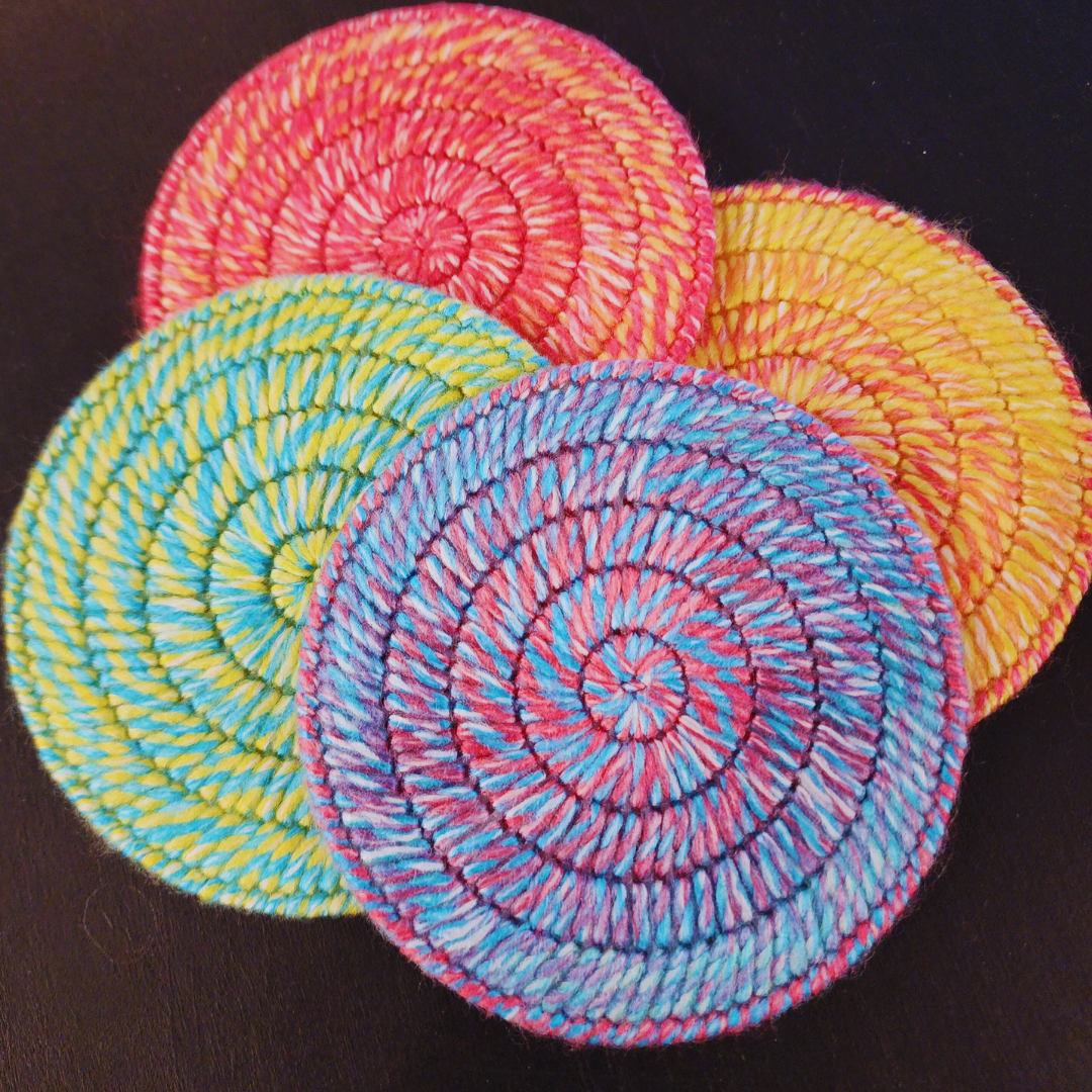 Handmade Bargello Circle Coaster Set – Cork-Backed Fiber Art Coasters