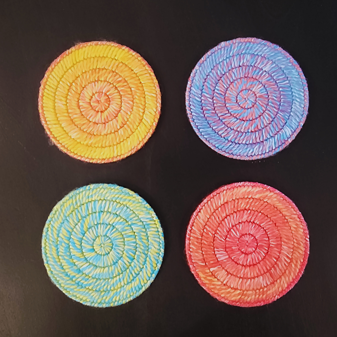 Handmade Bargello Circle Coaster Set – Cork-Backed Fiber Art Coasters
