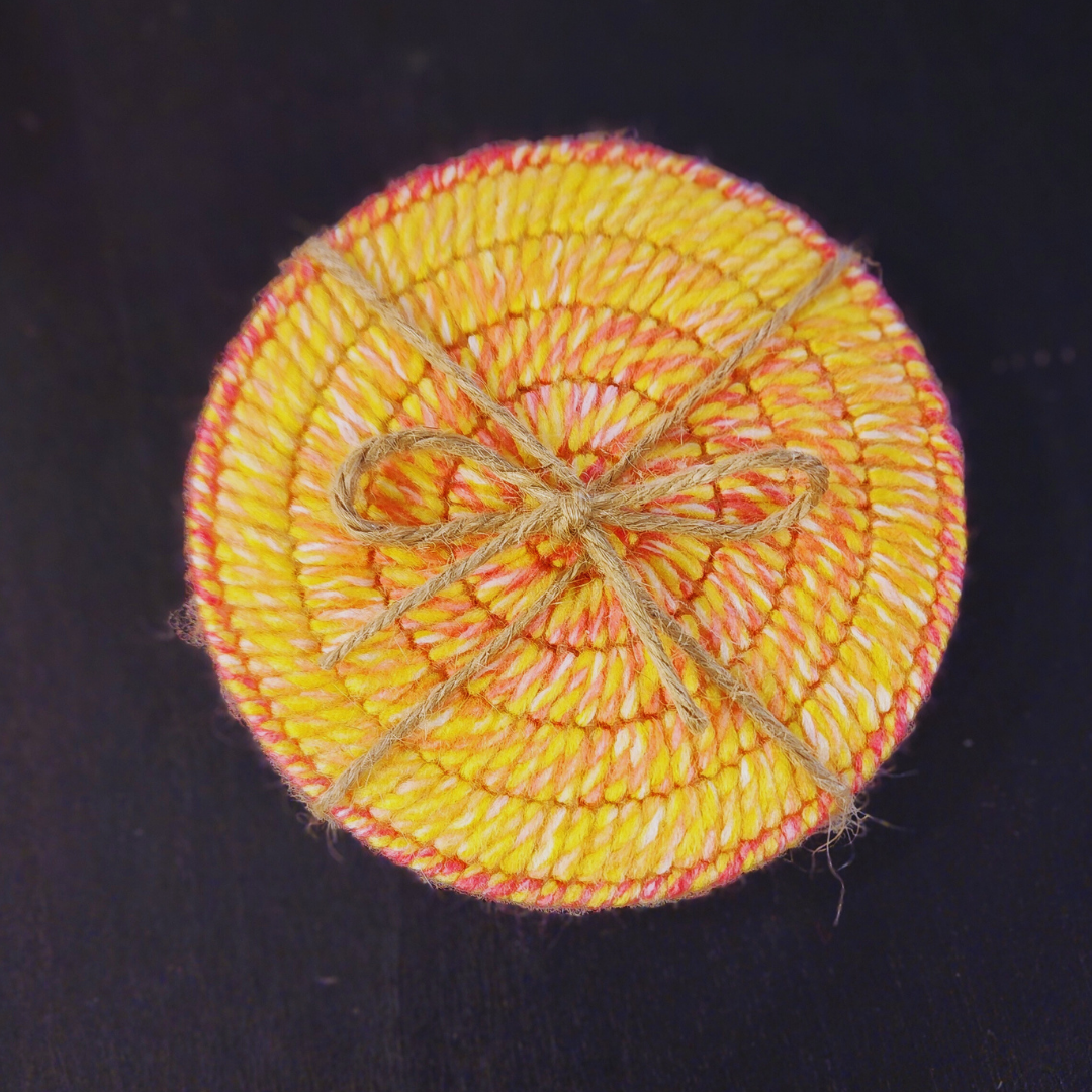 Handmade Bargello Circle Coaster Set – Cork-Backed Fiber Art Coasters