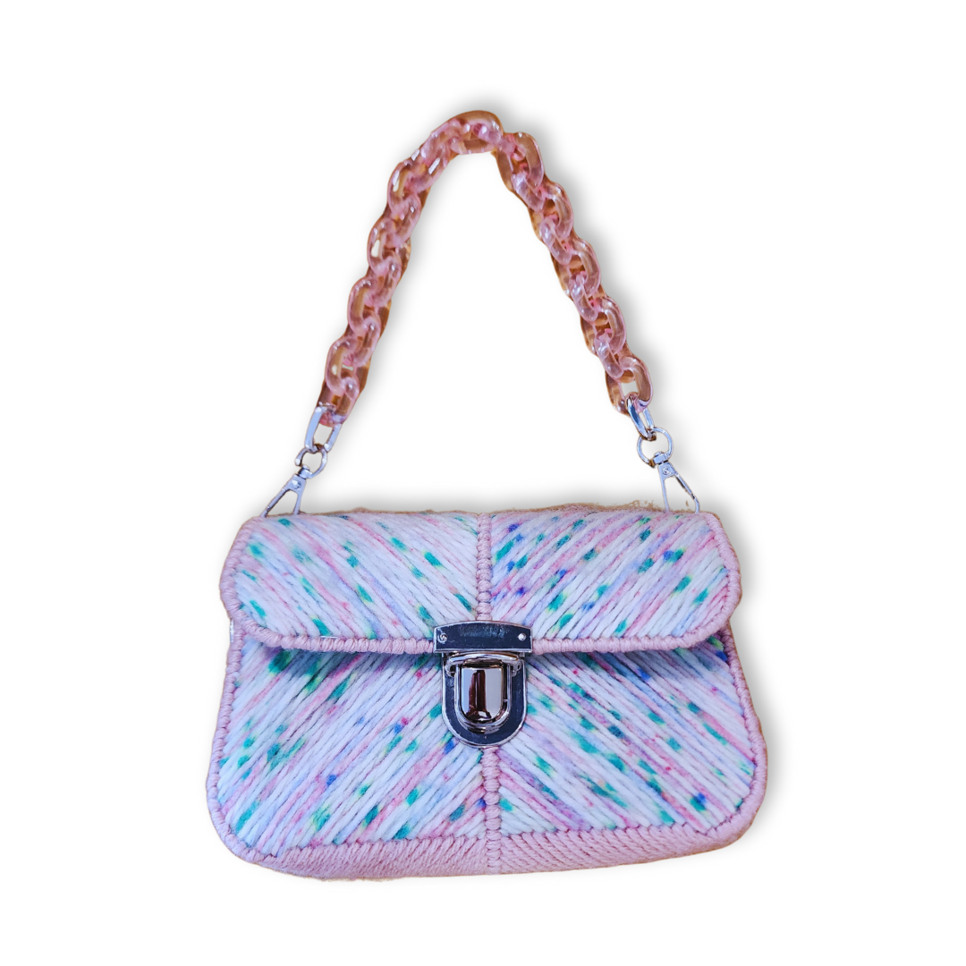 Front view of the Green Pop-Rock Candy Mini Clutch featuring a hand-embroidered chevron pattern in green and pink. The design includes a pink acrylic chain link strap and a silver push clasp.