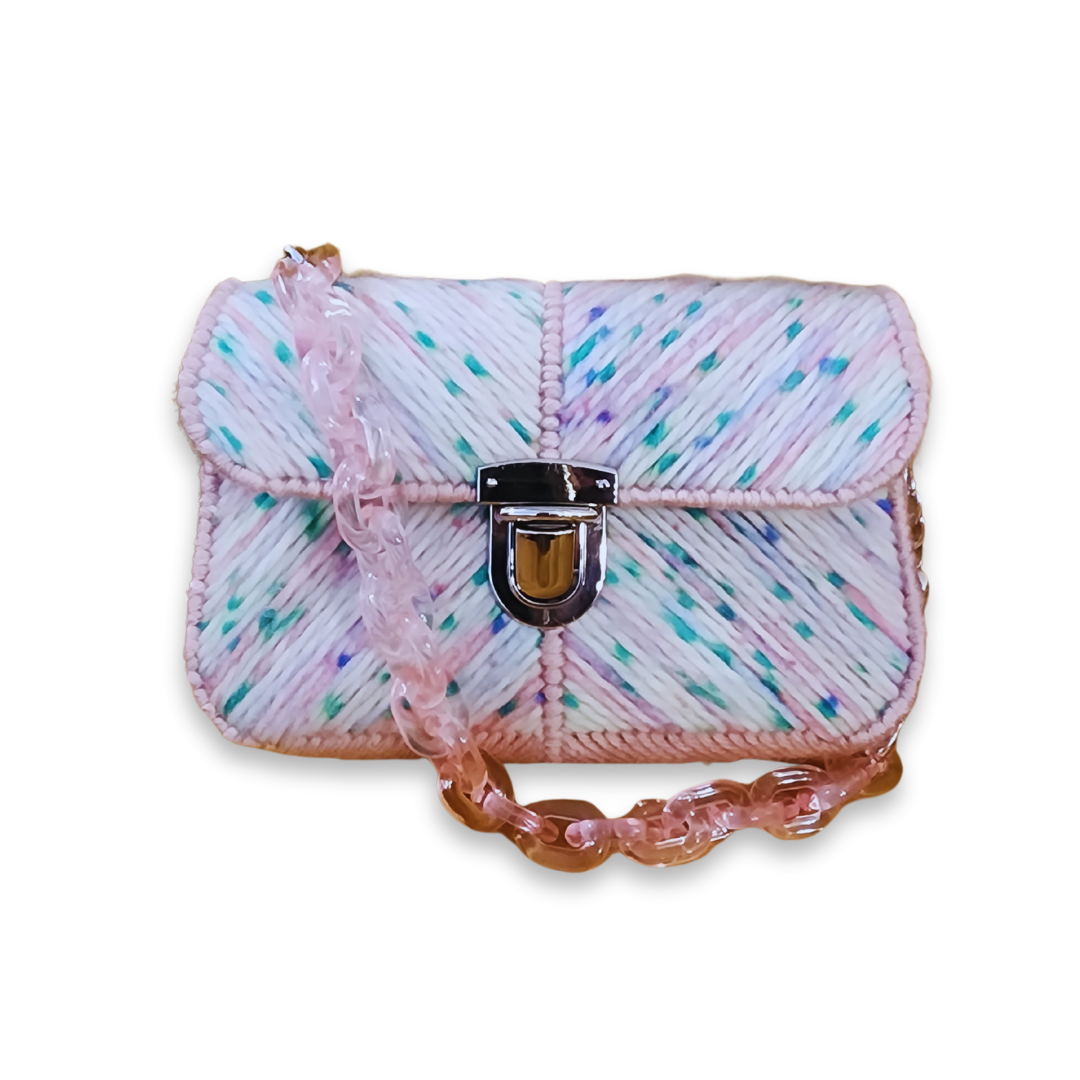 Front view of the Green Pop-Rock Candy Mini Clutch with the pink chain handle draped across, highlighting the silver hardware and one-of-a-kind aesthetic.