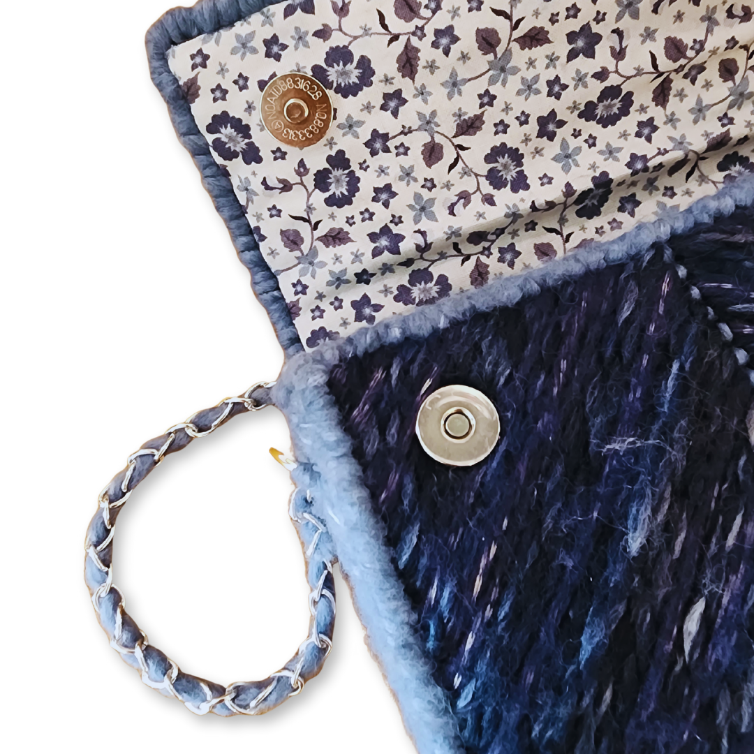 Detail shot of the double magnetic snaps and the woven silver chain, highlighting the intricate textures of the Midnight Navy artisan design.