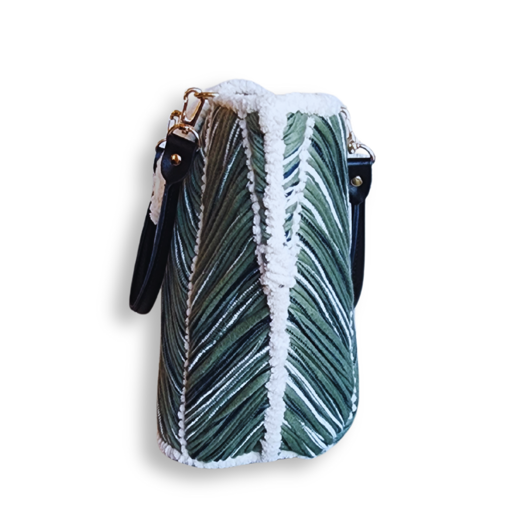 A side view of the tote bag, emphasizing the thickness and structure of the embroidered sides, with a pronounced white chenille vertical stripe.