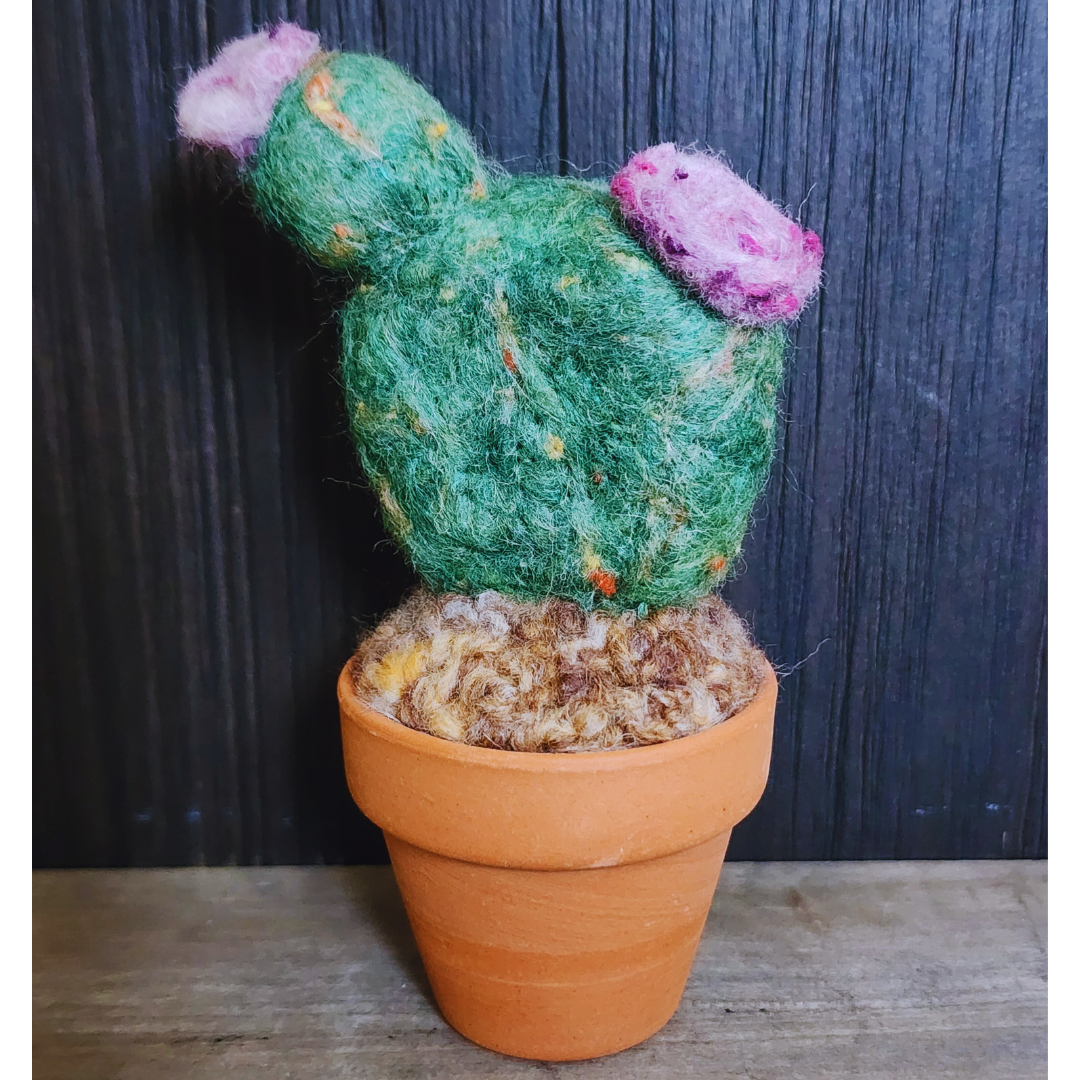 Handmade Potted Wool Flowering Cactus, Thorn-Free