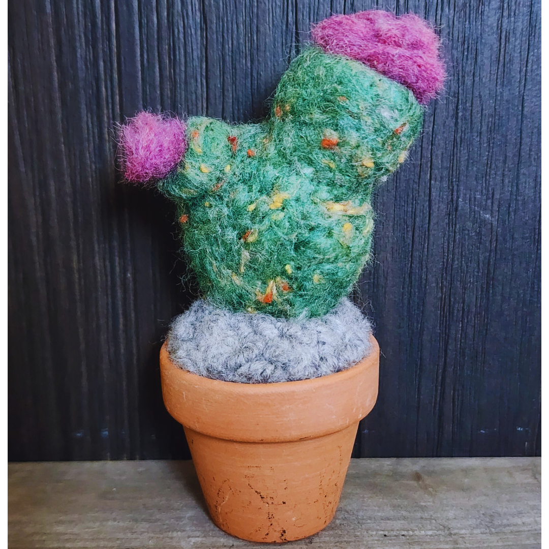 Handmade Potted Wool Flowering Cactus, Thorn-Free