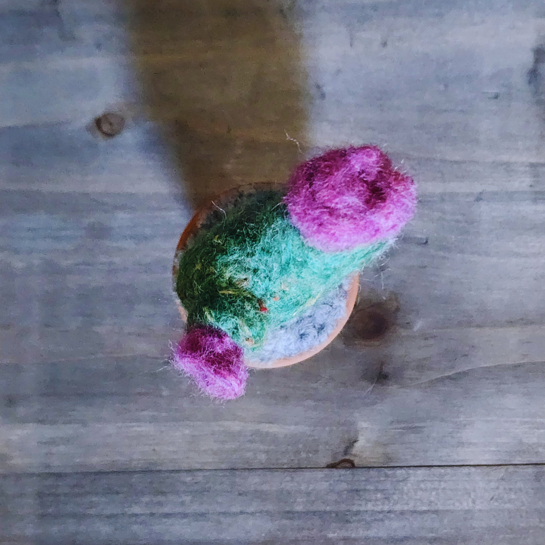 Handmade Potted Wool Flowering Cactus, Thorn-Free