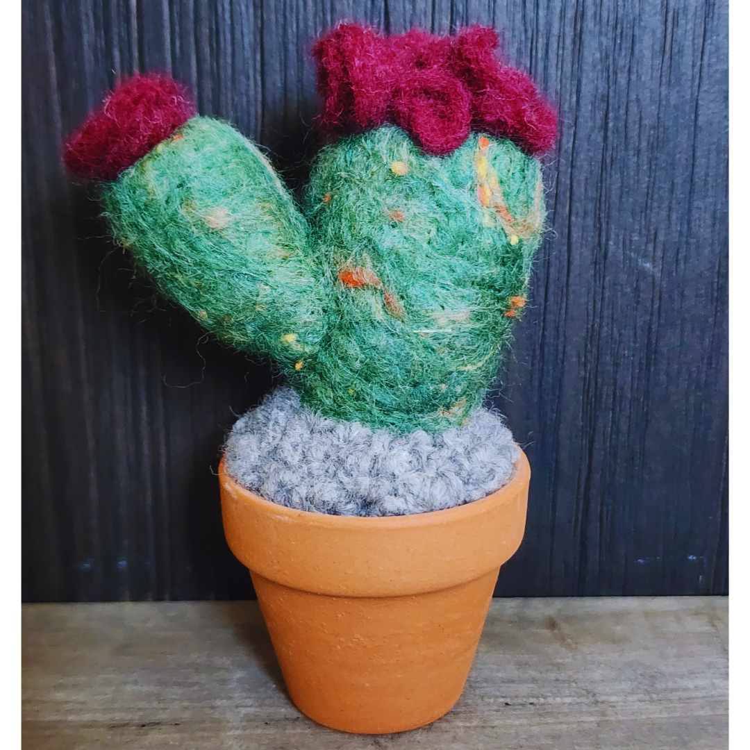 Handmade Potted Wool Flowering Cactus, Thorn-Free