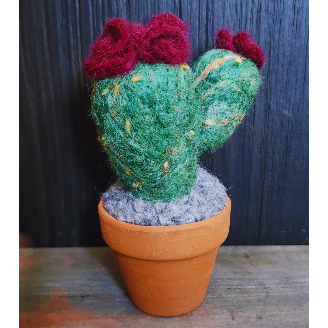 Handmade Potted Wool Flowering Cactus, Thorn-Free