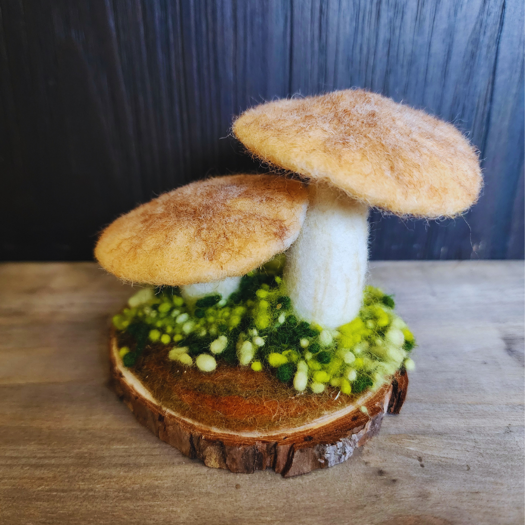 Handmade Wool Mushroom Garden on Wood Base Decor