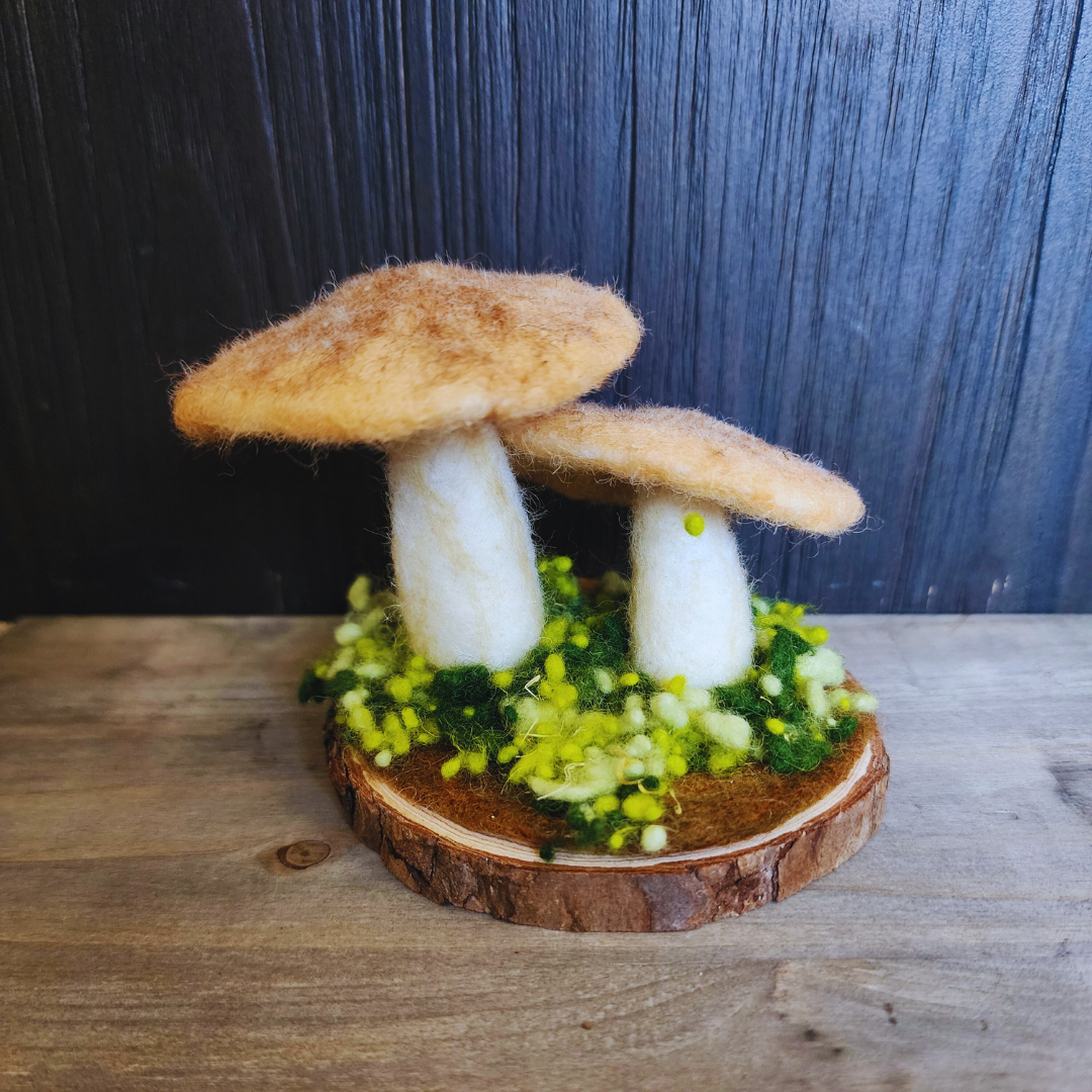 Handmade Wool Mushroom Garden on Wood Base Decor