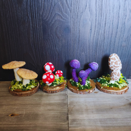 Handmade Wool Mushroom Garden on Wood Base Decor
