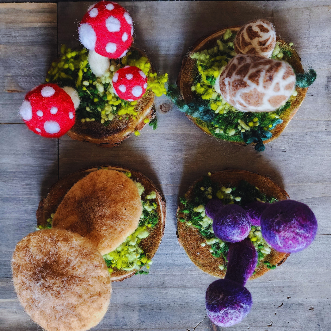 Handmade Wool Mushroom Garden on Wood Base Decor