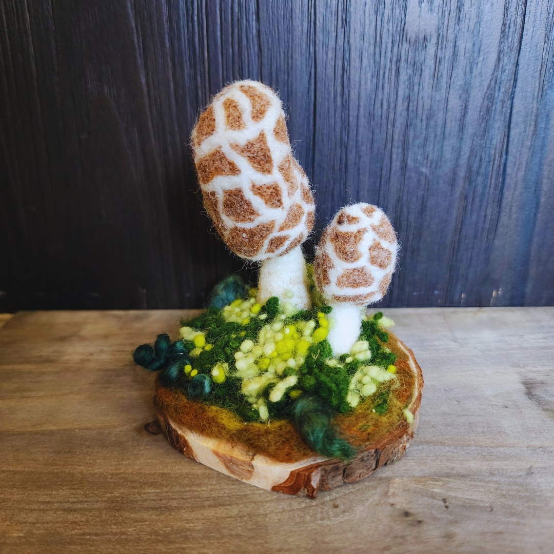 Handmade Wool Mushroom Garden on Wood Base Decor