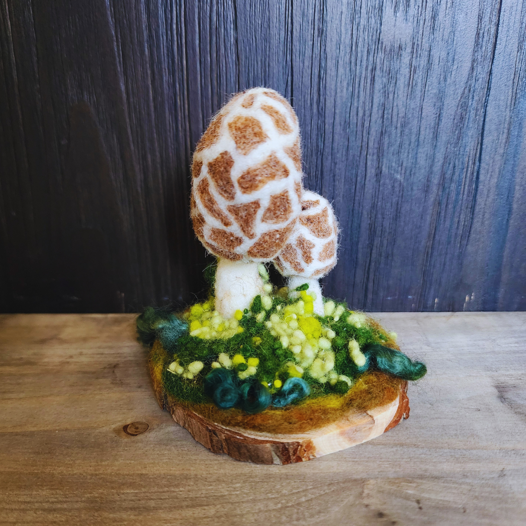 Handmade Wool Mushroom Garden on Wood Base Decor