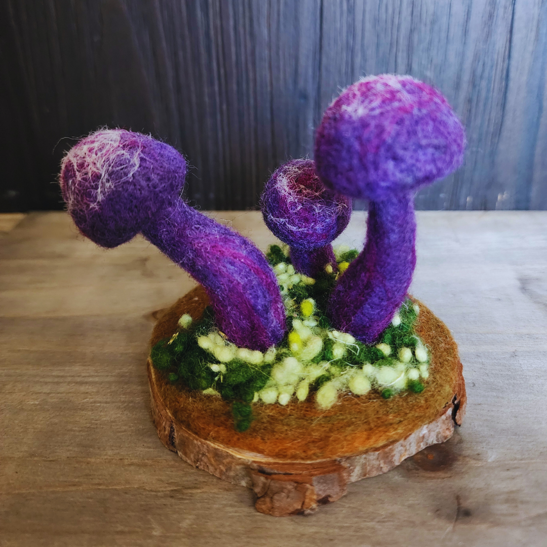 Handmade Wool Mushroom Garden on Wood Base Decor