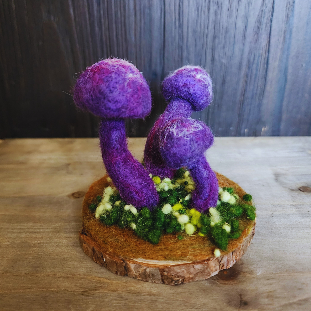 Handmade Wool Mushroom Garden on Wood Base Decor