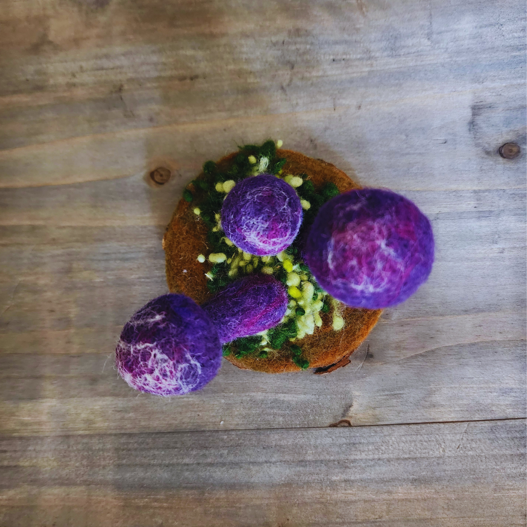 Handmade Wool Mushroom Garden on Wood Base Decor