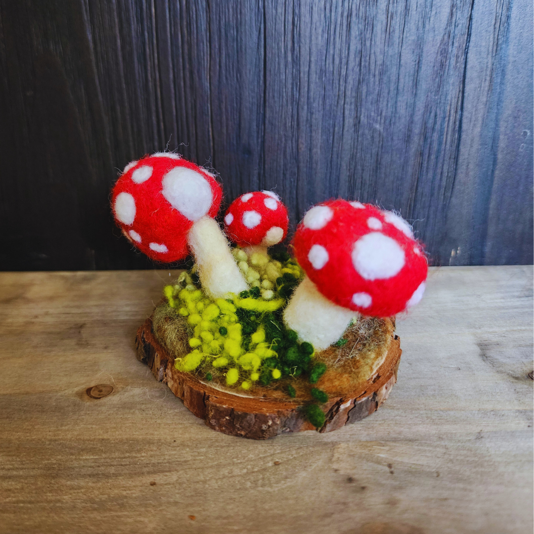 Handmade Wool Mushroom Garden on Wood Base Decor