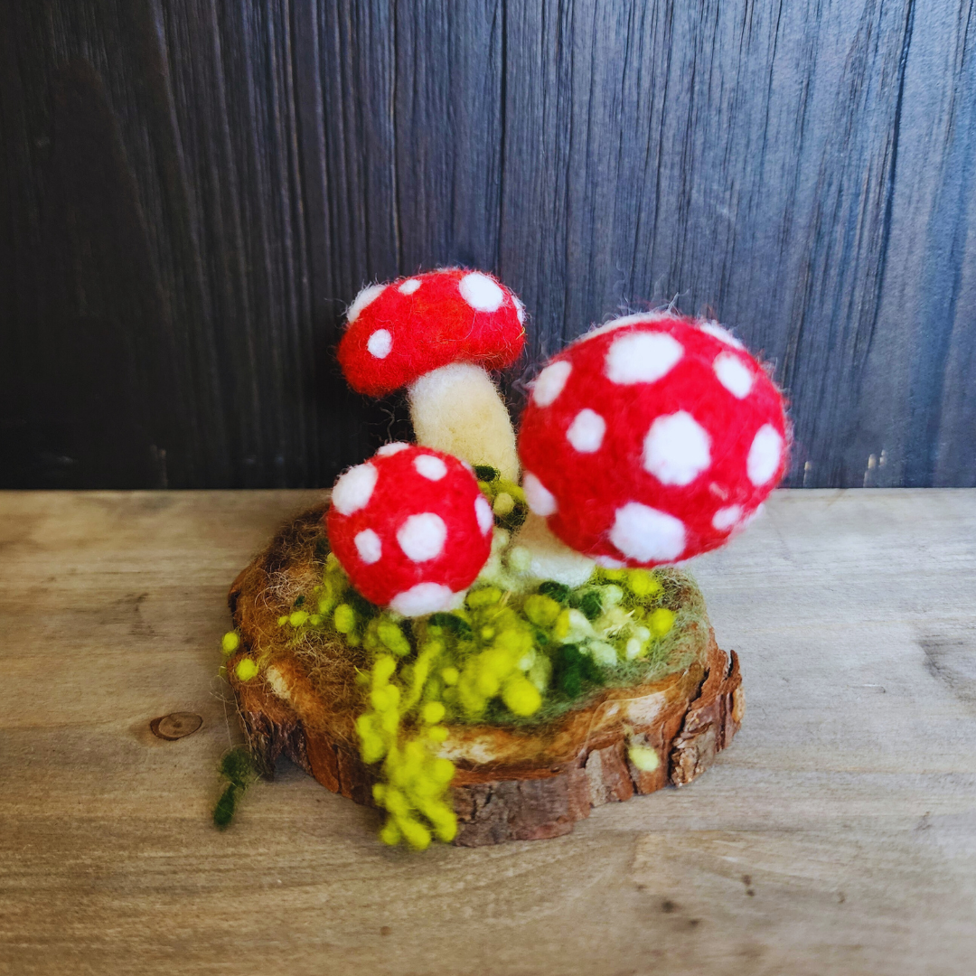 Handmade Wool Mushroom Garden on Wood Base Decor