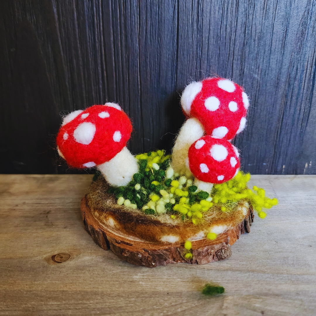 Handmade Wool Mushroom Garden on Wood Base Decor