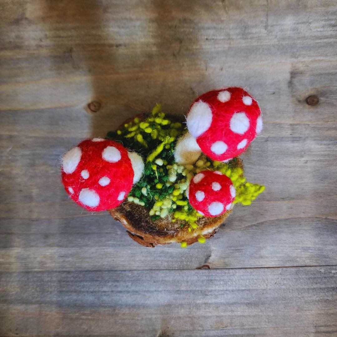 Handmade Wool Mushroom Garden on Wood Base Decor
