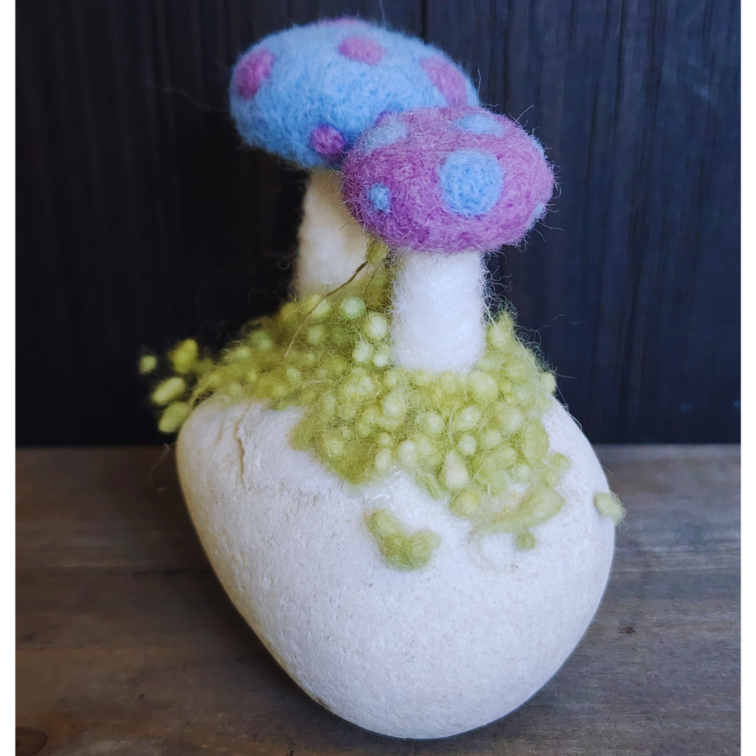 Handmade Felt Magic Mushrooms on White Granite Stone