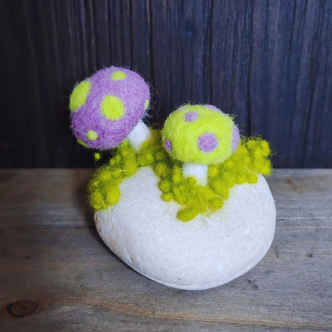 Handmade Felt Magic Mushrooms on White Granite Stone