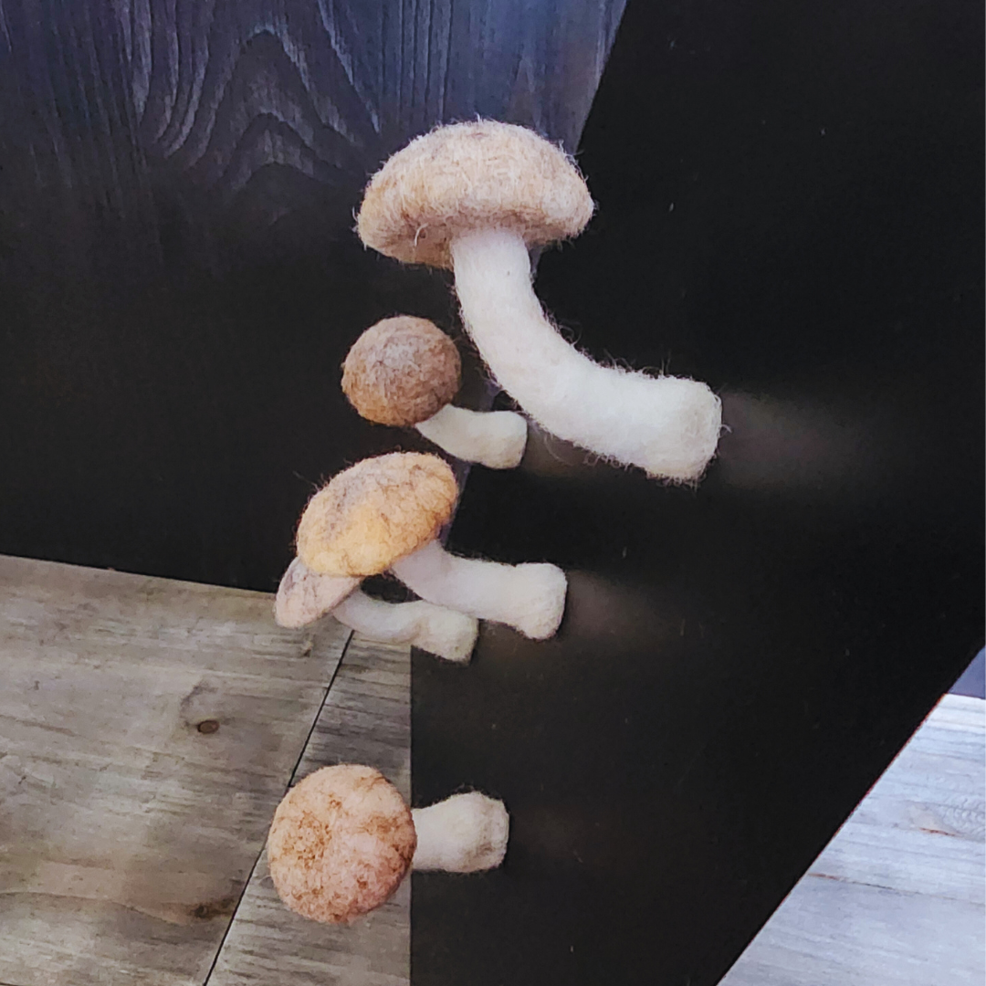 Three handmade felted brown mushroom magnets with white stems, of varying sizes, attached to a black magnetic surface at an angle, against a wooden floor.