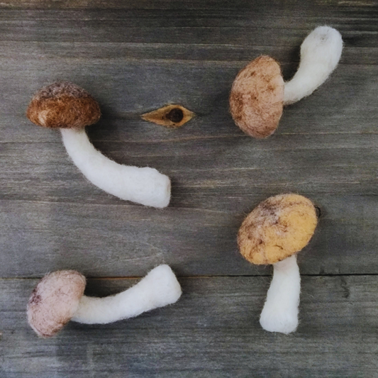 Four handmade felted brown mushroom magnets with white bendable stems, of various sizes and shades, lying unattached on a wooden surface.