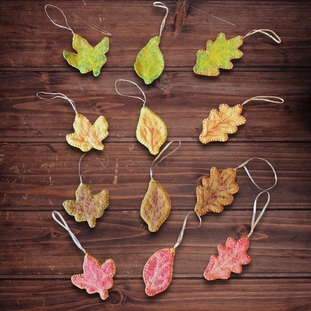 Handmade Wet Felted Autumn Leaf Ornaments - Maple, Aspen, and Oak