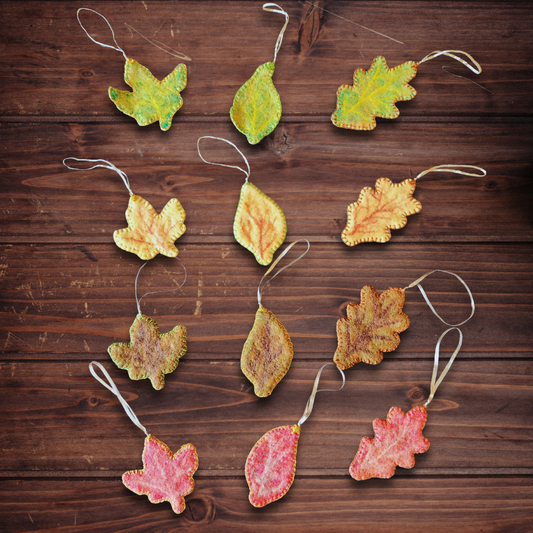 Handmade Wet Felted Autumn Leaf Ornaments - Maple, Aspen, and Oak