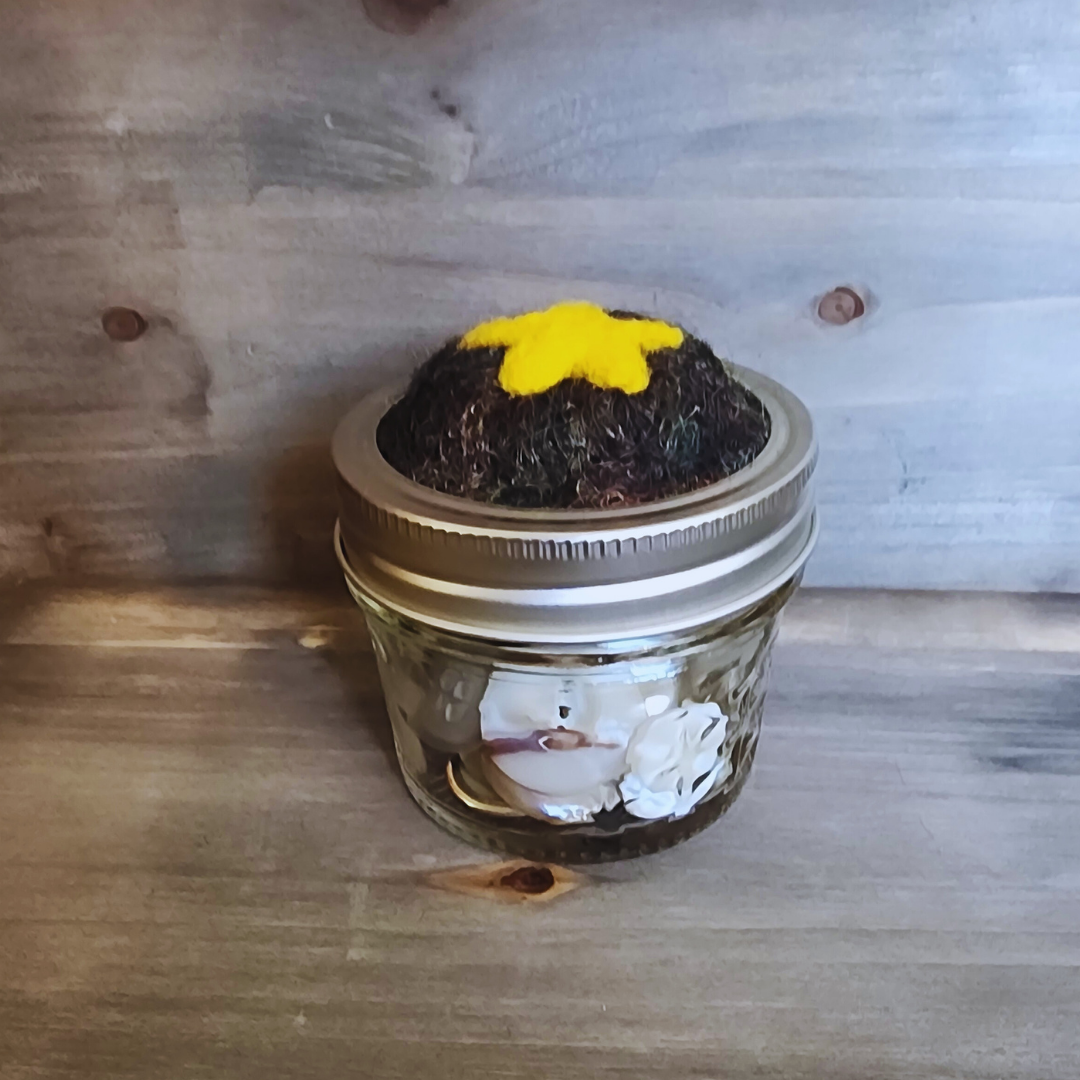 Handmade Galaxy Star Mason Jar Pin Cushion – Needle Felted Wool & Button Storage Jar