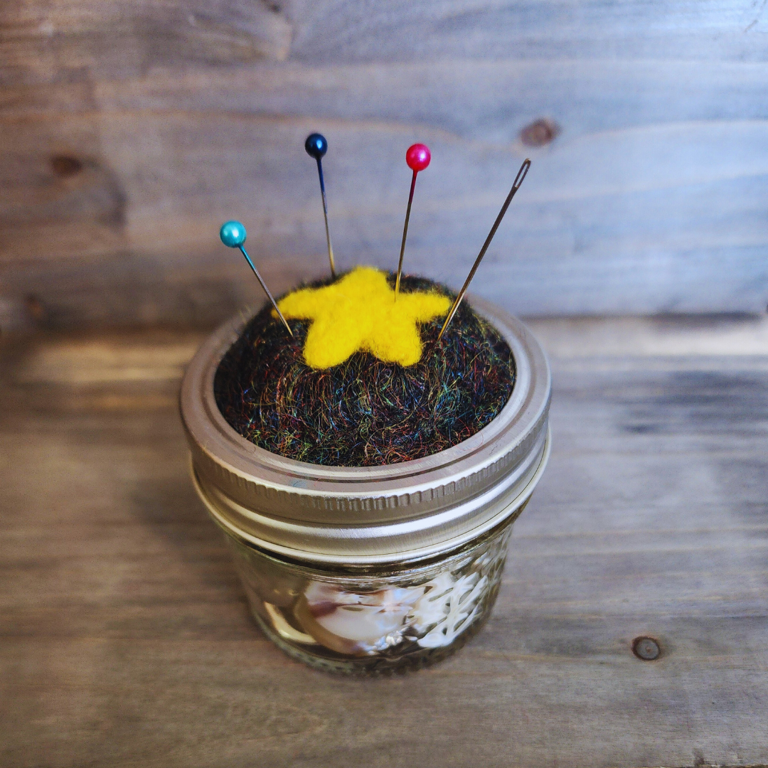 Handmade Galaxy Star Mason Jar Pin Cushion – Needle Felted Wool & Button Storage Jar
