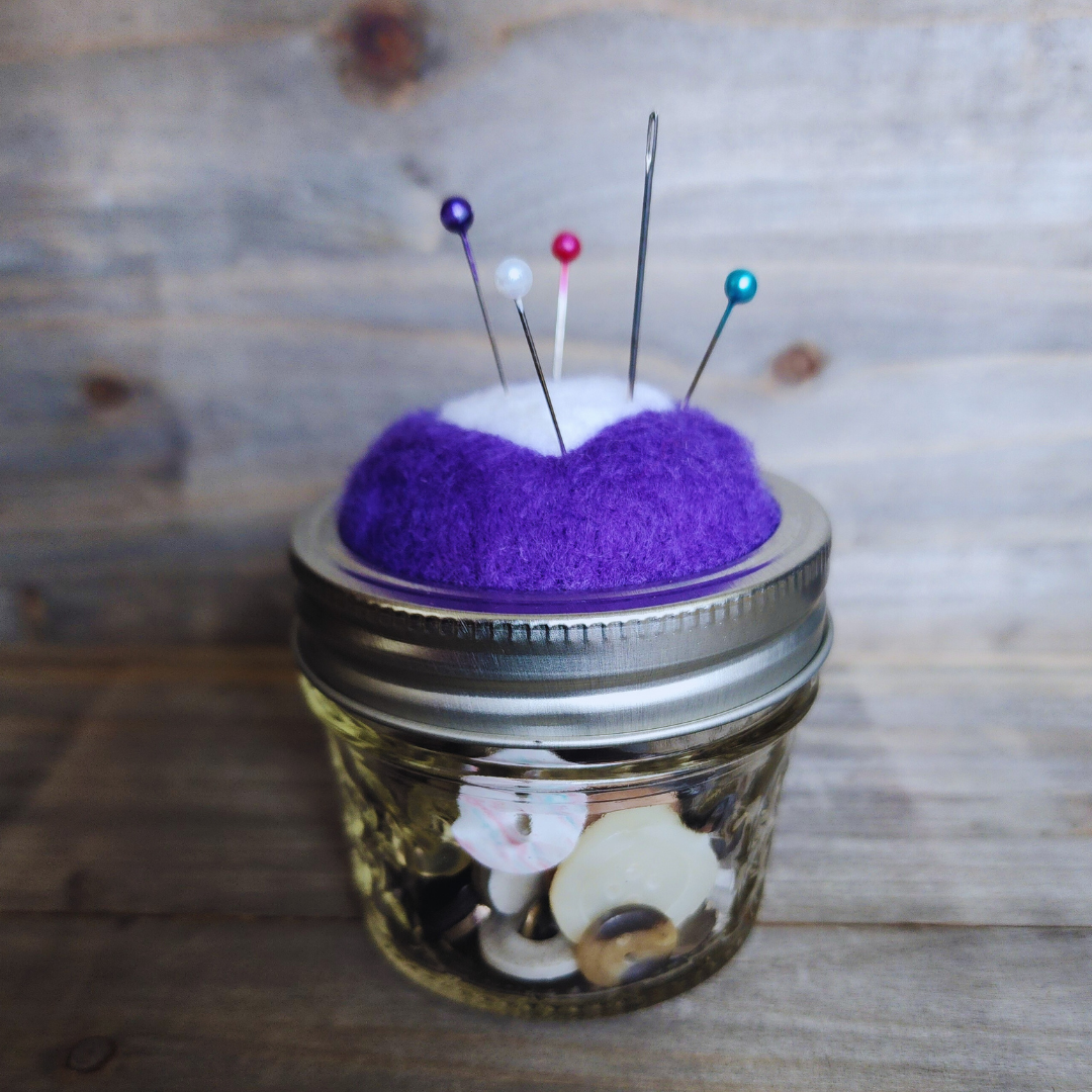 Handmade Heart Mason Jar Pin Cushion – Needle Felted Wool & Button Storage Jar