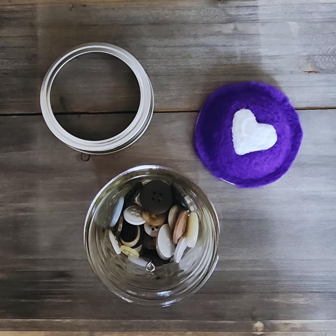 Handmade Heart Mason Jar Pin Cushion – Needle Felted Wool & Button Storage Jar