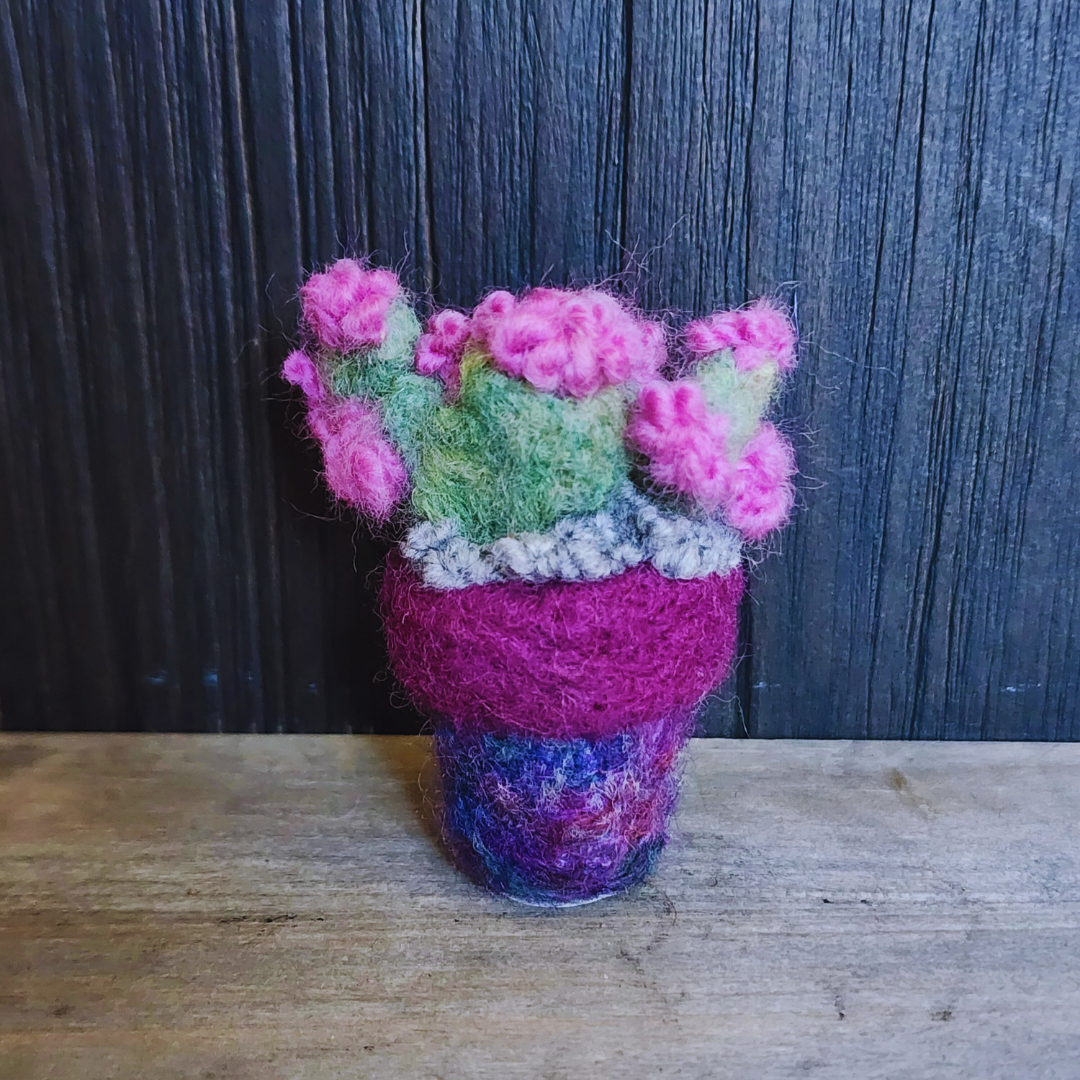 Handmade Wool Flowering Prickly Pear Cactus, No Thorns