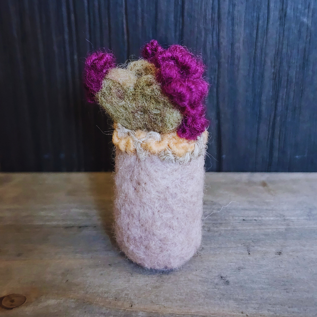 Handmade Wool Flowering Prickly Pear Cactus, No Thorns