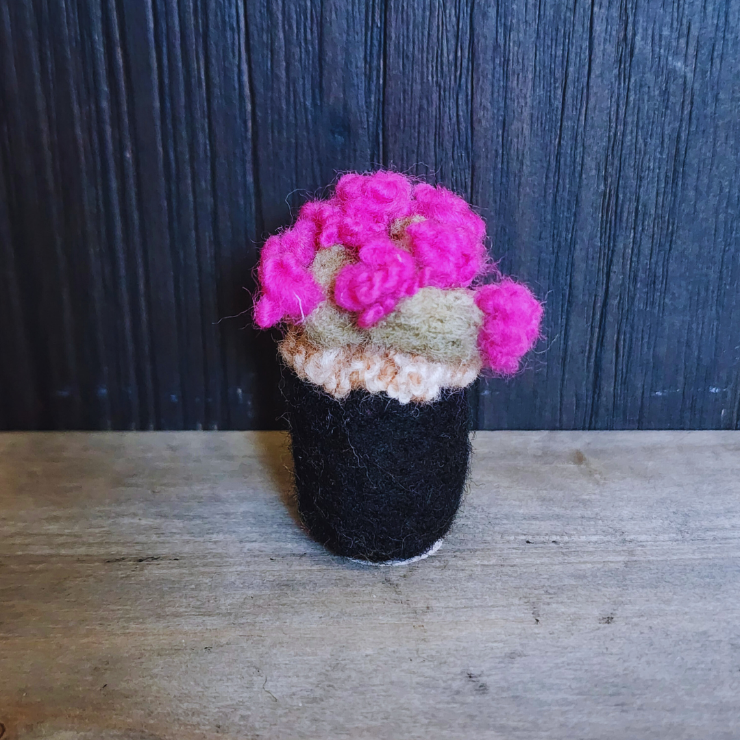Handmade Wool Flowering Prickly Pear Cactus, No Thorns
