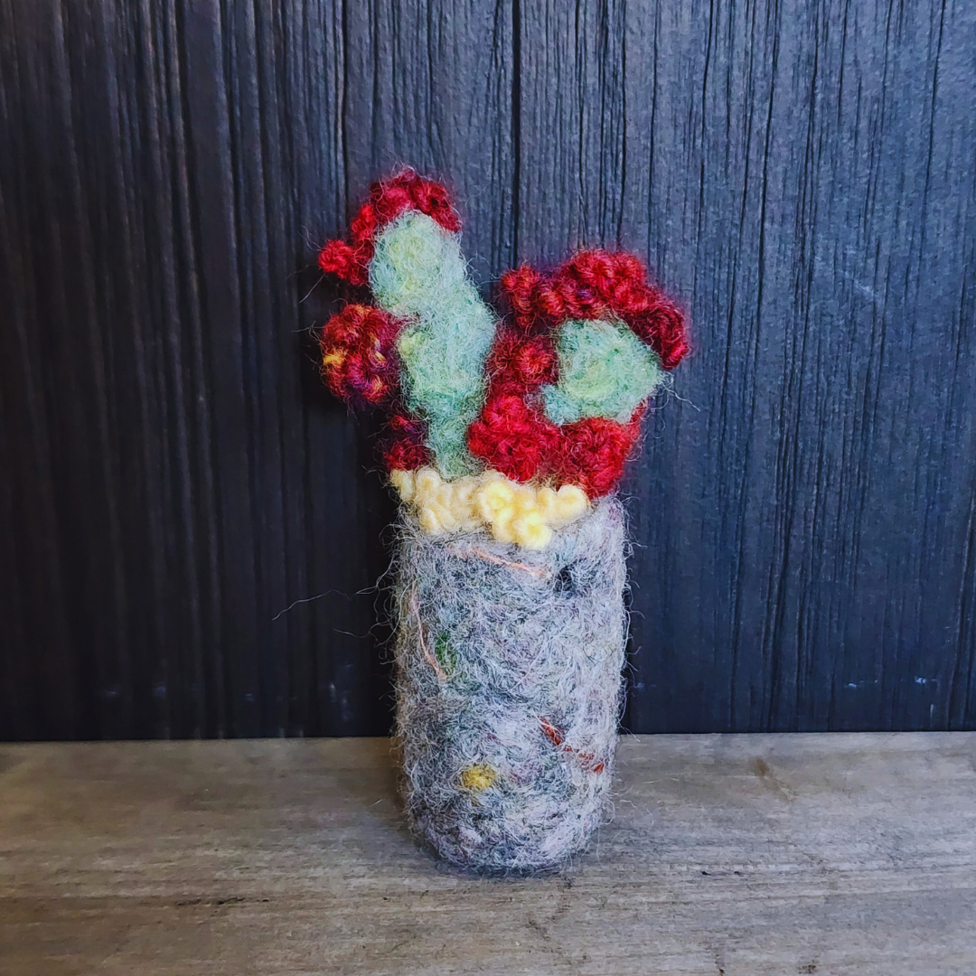 Handmade Wool Flowering Prickly Pear Cactus, No Thorns