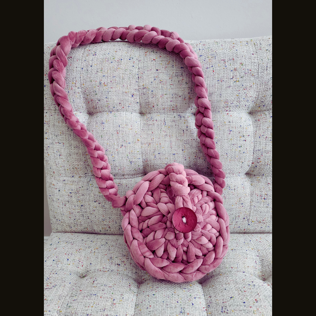 Round Mauve Velvet Chunky Yarn Crossbody Bag
