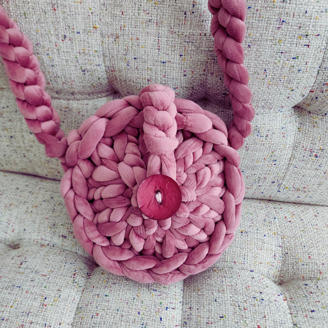 Round Mauve Velvet Chunky Yarn Crossbody Bag