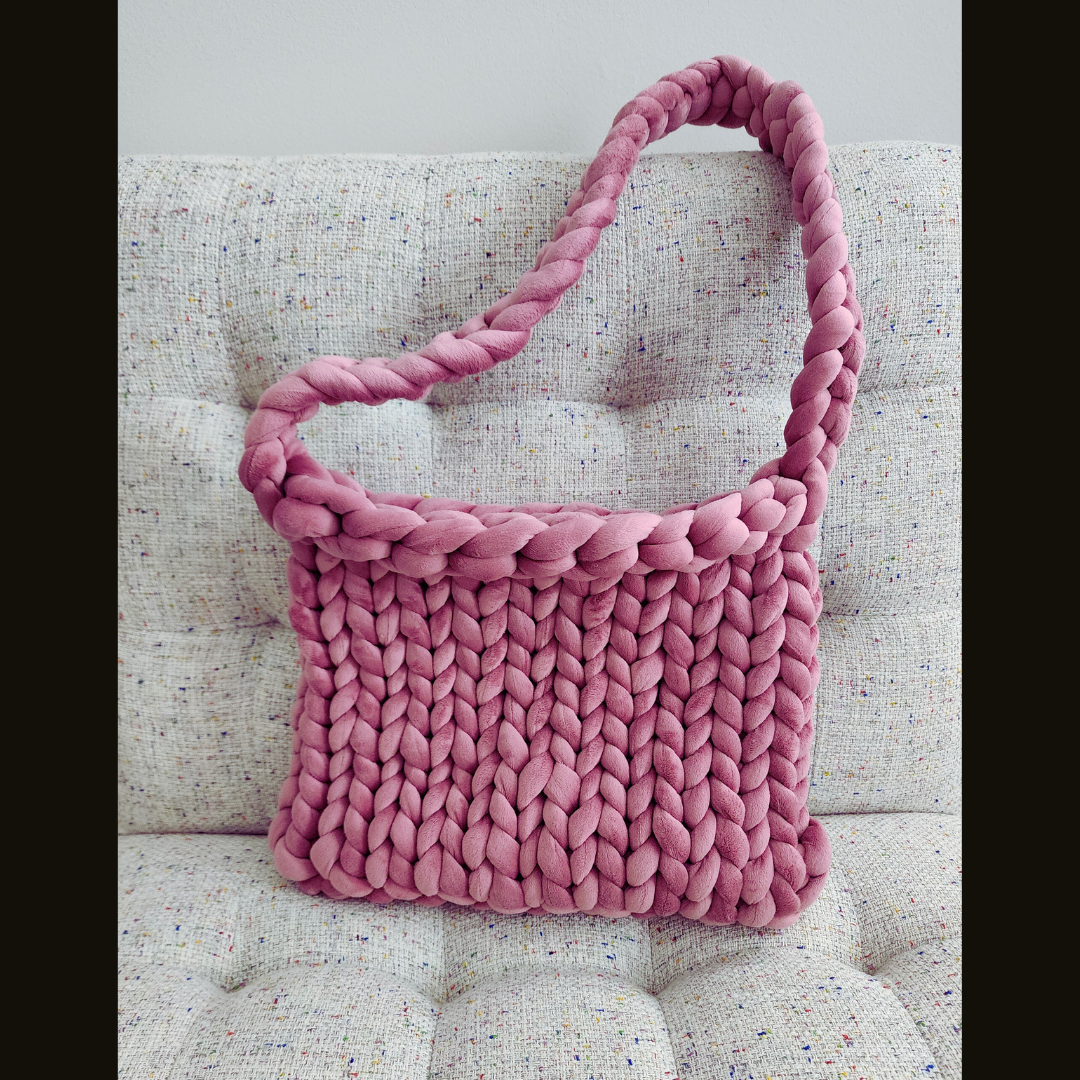 Large Single Stitch Mauve Velvet Chunky Yarn Crossbody Bag