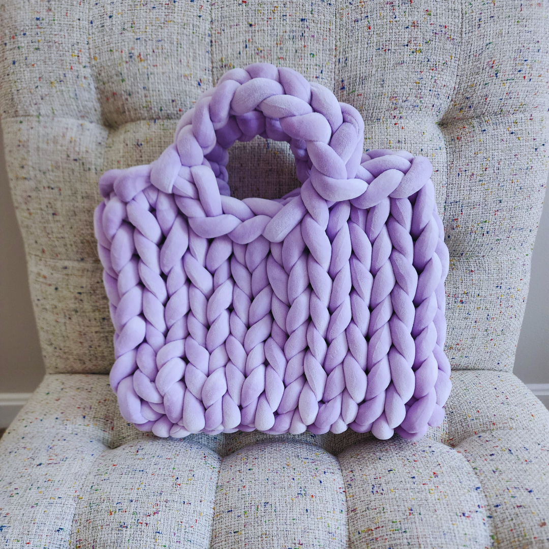Large Single Stitch Lilac Velvet Chunky Yarn Tote with Braided Handle