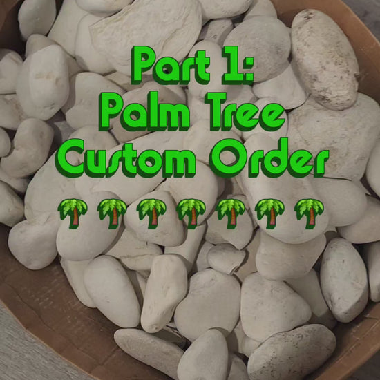Part 1 of the custom order process: footage showing the selection of the white granite stone and the initial needle-felting process to create the trunk of the palm tree.
