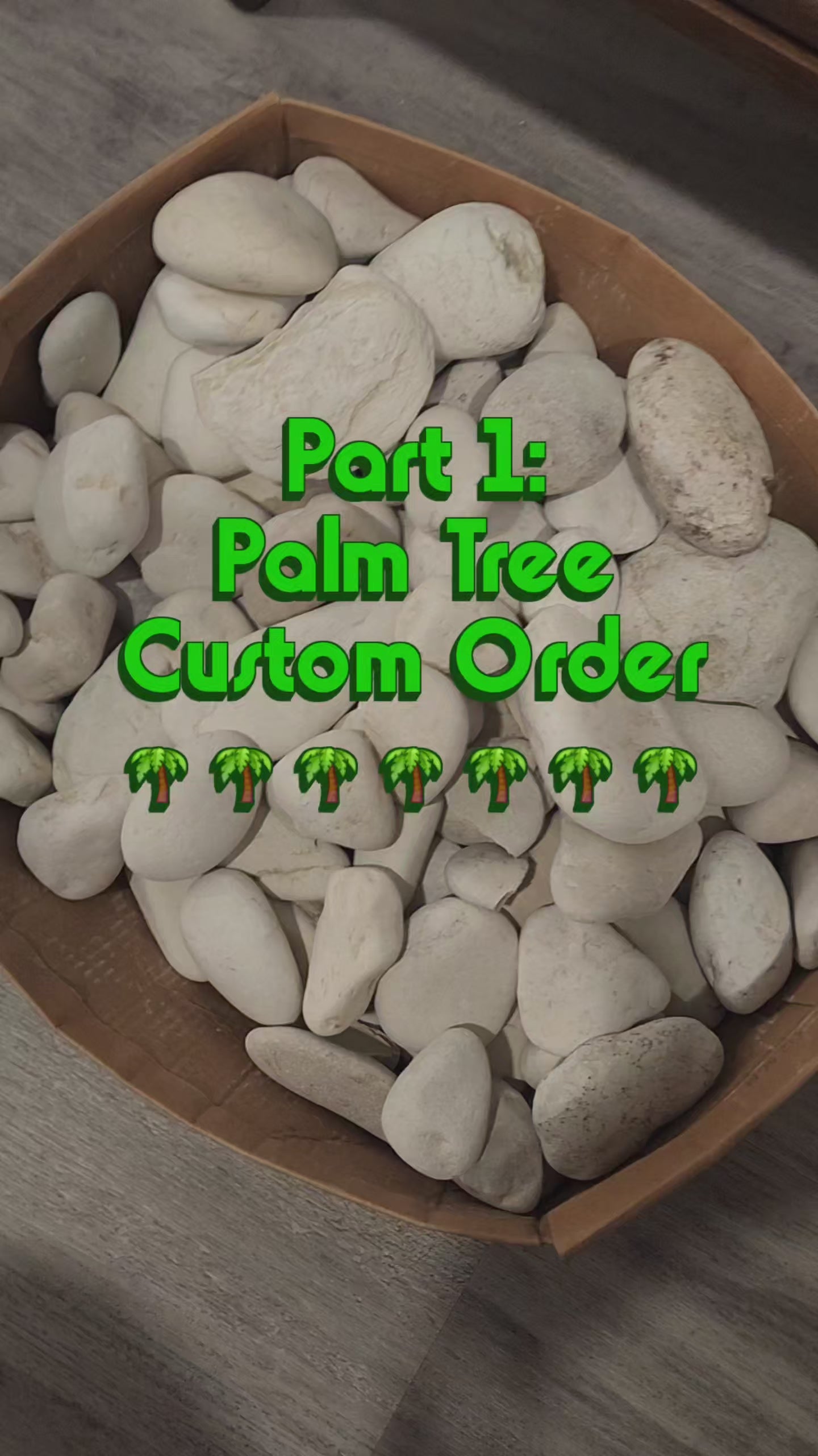 Part 1 of the custom order process: footage showing the selection of the white granite stone and the initial needle-felting process to create the trunk of the palm tree.