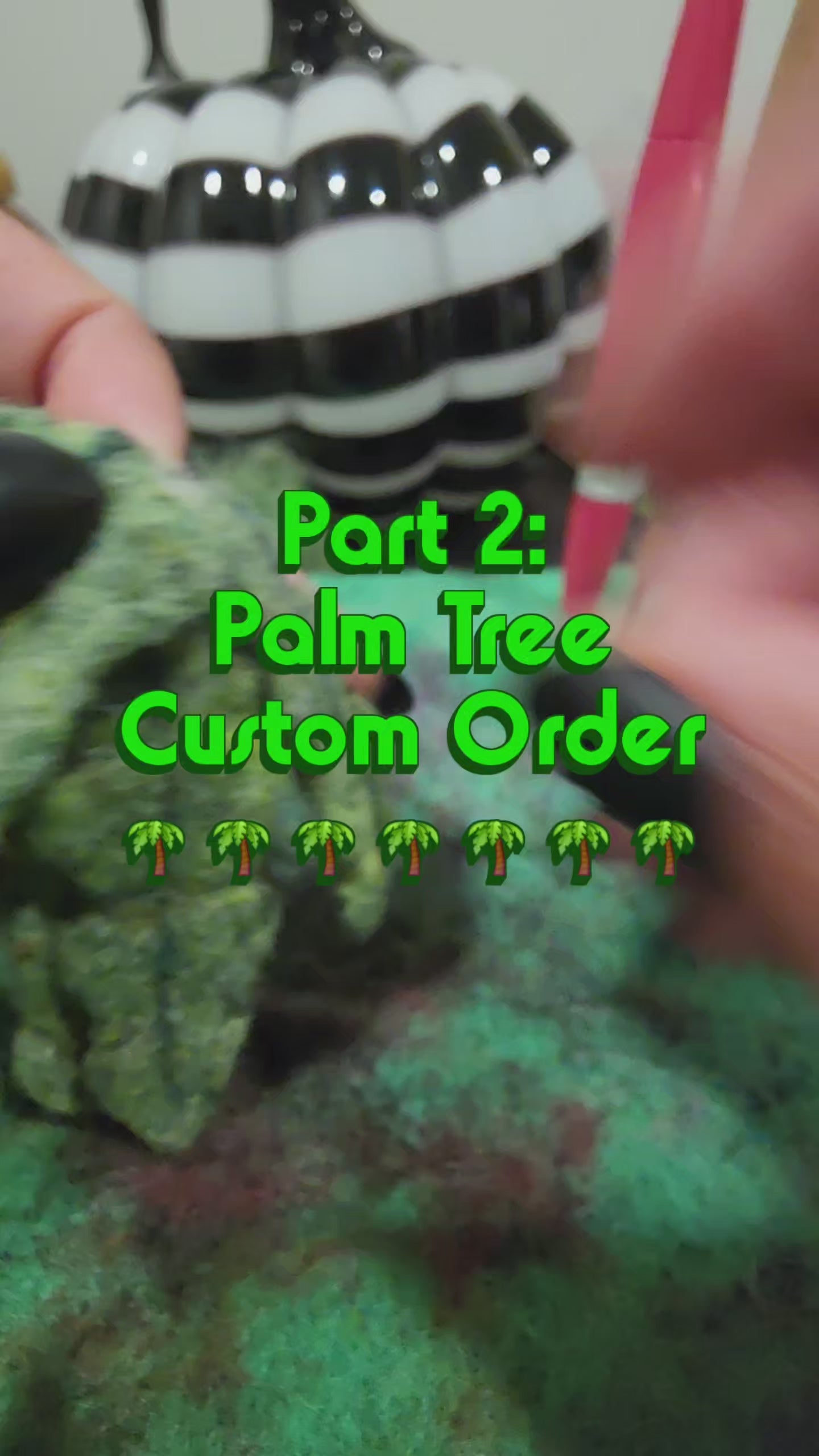 Part 2 of the custom order process: footage showing the needle-felting of the green fronds and coconuts, attaching the trunk to the stone base, and adding the wool nepps to create the sand effect.